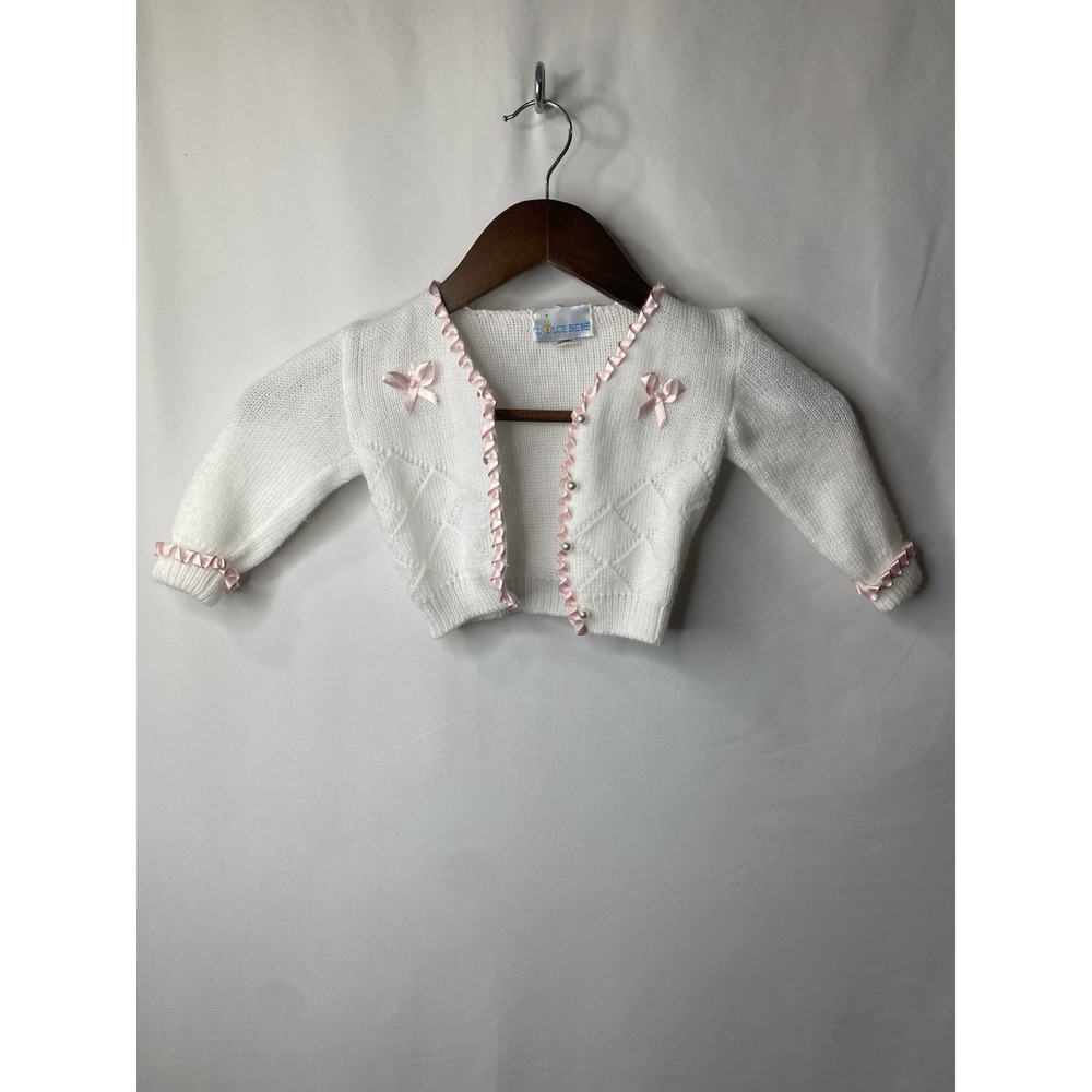 Vintage Dolce Bebe Baby Girl Sweater Measures 12 Months Pink Ribbons & Bows 90's